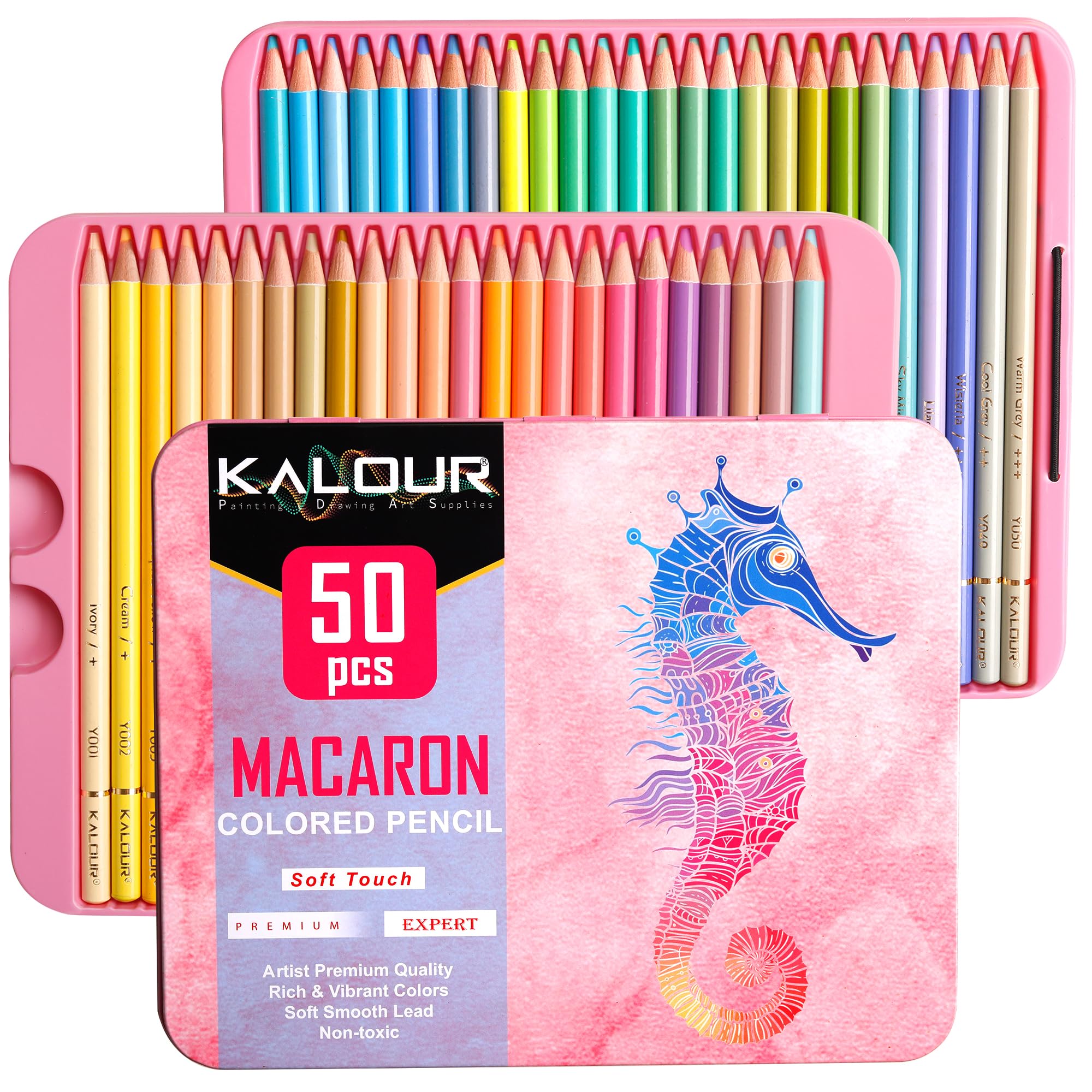 KALOUR Macaron Pastel Colored Pencils for Adults and Kids, Set of 50 Colors, Ideal for Drawing, Sketching, and Shading
